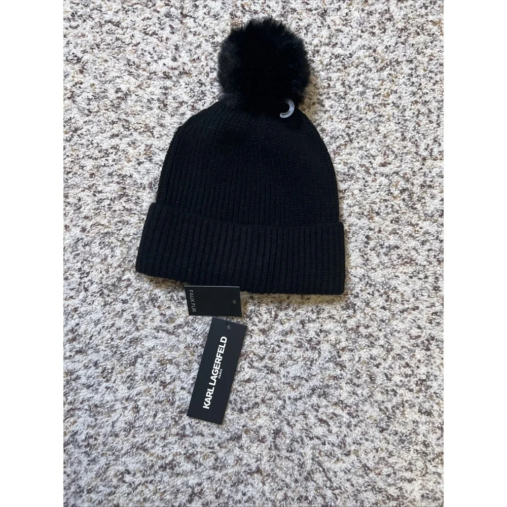 KARL LAGERFELD PARIS New Women's Faux-Fur Pom Rhinestone Karl Beanie‎ BLACK
